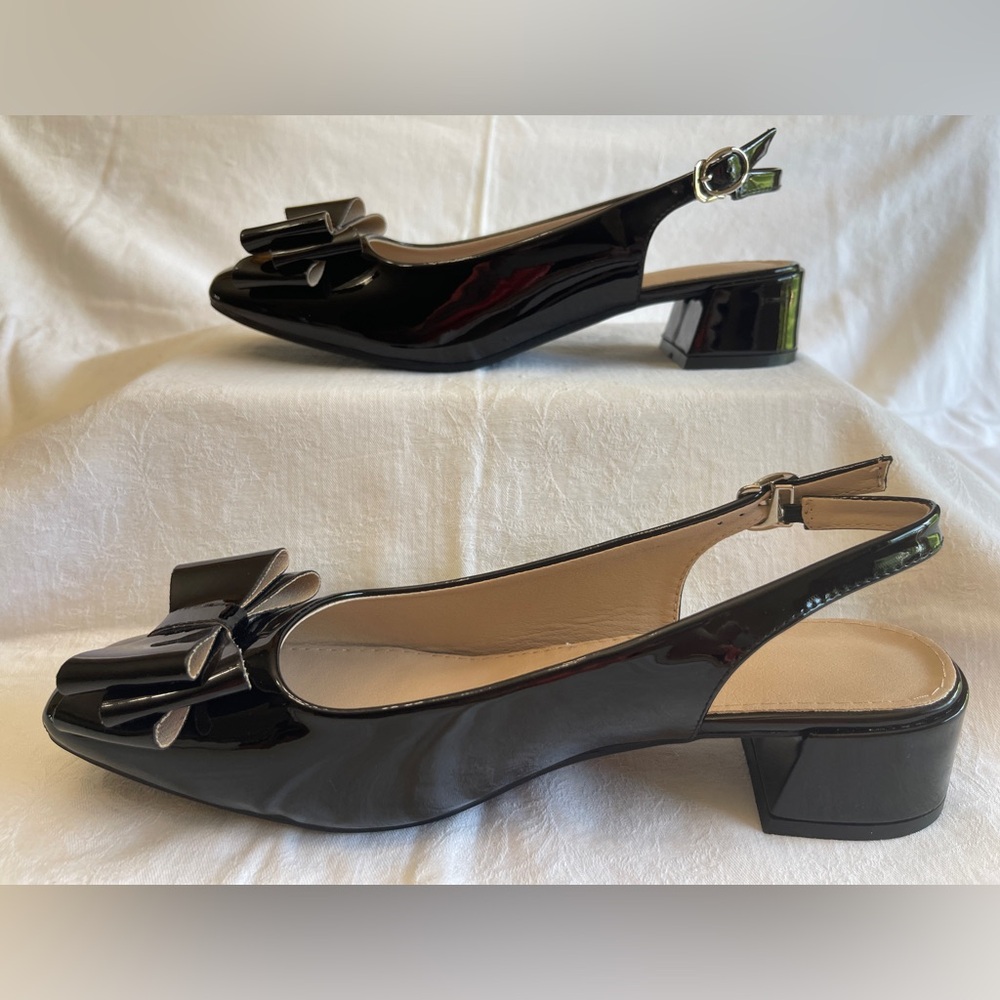 NIB Women’s Dress Shoes 12.5 Vegan Black Patent Leather Slingback Block Heel